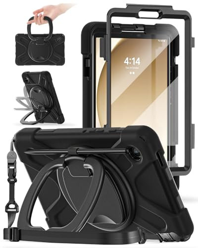 BRAECN Funda Galaxy Tab A9 8,7 Pulgadas 2023, Carcasa Rugosa con Protector de Pantalla, Portalápices, Soporte Giratorio/Correa de Mano, Funda Resistente para Samsung Tab A9