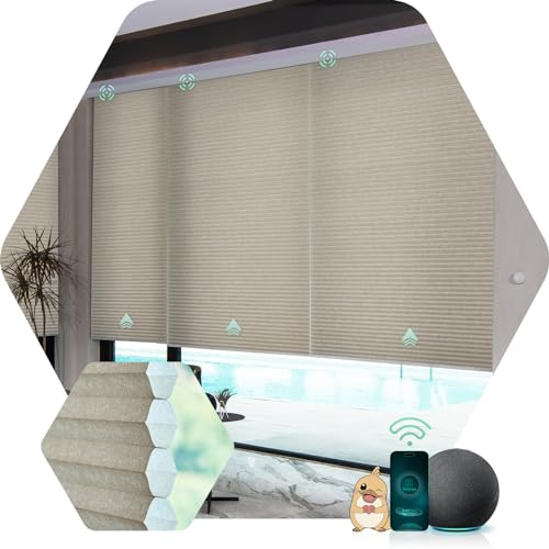 Yoolax Elektrische Wabenplissee mit Fernbedienung,Alexa& Google Home Kompatibel,Thermo Jalousien wärmeisolierter Smart-Rollo nach Maß für Fenster,50% Verdunkelung(Halbverdunkelung Textur Hellkaffee)