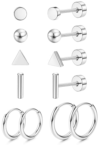 JeweBella 6Paar G23 Titan Ohrringe Damen Herren Kinder Medizinische Ohrstecker Hypoallergen Klein Titan Ohrstecker Set Titan Creolen Gesundheitsstecker Ohrringe Set Piercing Ohr Silber/Gold/Schwarz