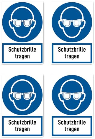 Aufkleber: 112.5x75 mm, 4 Stück - Schutzbrille tragen - Gebotszeichen mit Text (deutsch) (blau/weiß) - hochkant - M004 - DIN EN ISO 7010 / ASR A1.3