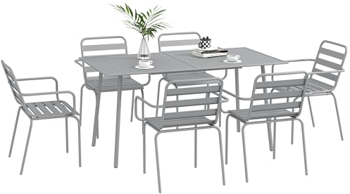 Outsunny 7 TLG. Sitzgruppe, Gartenmöbel-Set mit 1 Esstisch, 6 Stapelstühlen, Sitzgarnitur Gartengarnitur, für Balkon, Terrasse, Stahl, Hellgrau