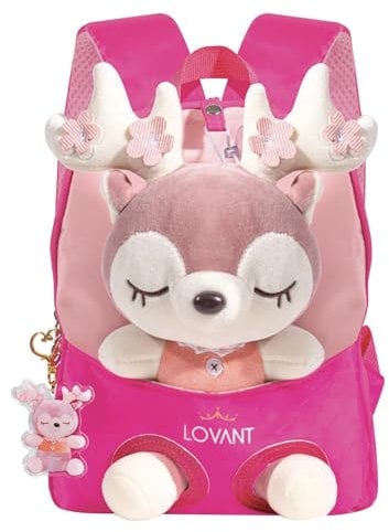 LOVANT Kleiner Kinderrucksack,Abnehmbarer Plüsch Puppe Kindergartenrucksack,Hirsch Kindergarten Rucksack Kindertasche für 2-5 Jährige Kindergarten Junge und Mädchen