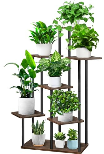 YOCOMEY 7-Tier Hölzern Blumenregal Pflanzenregal, Mehrstöckig Blumenständer Pflanzenständer Blumenbank Blumentreppe Pflanzentreppe Standregal für Innen Garten Balkon Deko(Schwarz Eiche)