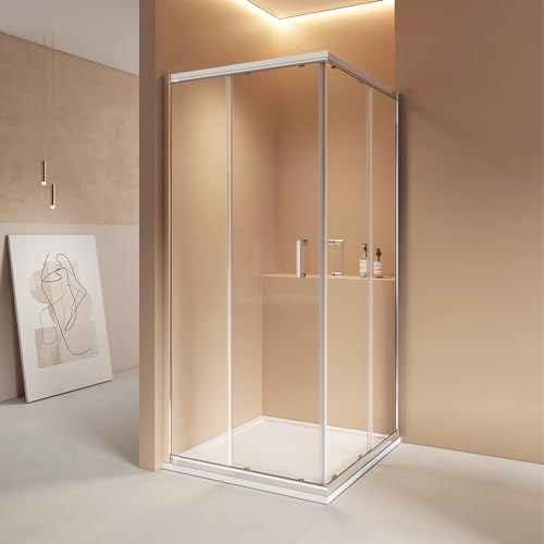 EMKE Duschkabine 90x90 Eckeinstieg mit Schiebetüren, Duschabtrennung Doppel Schiebetür Dusche, Eckeinstieg Duschkabine Duschwand Duschtür 5mm ESG Glas, Duschkabinen Höhe 195 cm