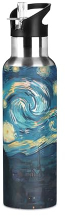 Niigeu Nuit Étoilée Rétro Van Gogh Bouteille d'eau Isotherme avec Paille en Acier Inoxydable Gourde, Sans BPA Gourdes Eau pour Enfant Sport Randonnée École Bureau (600ml/1L)