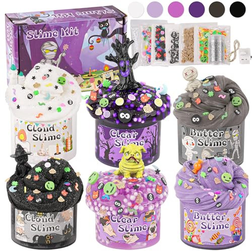 6 confezioni di kit di slime viola e nero - slime nuvola, slime al burro e slime trasparente, slime per bambini con componenti aggiuntivi, kit di slime per ragazzi e ragazze Halloween Natale Pasqua