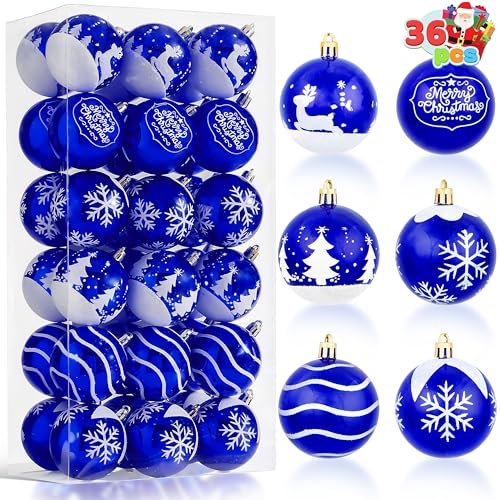 JOIEDOMI 36-teiliges blaues Weihnachtskugel-Ornament-Set, 5,8 cm, zarte Bemalung und glitzernde Weihnachtsbaumdekoration, bruchsichere Weihnachtsdekoration zum Aufhängen im Innenbereich für Baumkränze