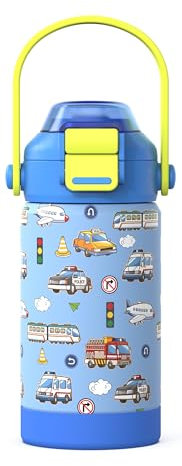 Kiocko Borraccia Bambini Acciaio Inox, 350ml Bottiglia Termica, Senza BPA, Bottiglia Acqua con Cannuccia, Per Scuola(Trasporto)