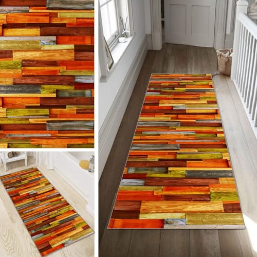 Poaegle Teppich Läufer Flur Bunt Lang rutschfest KücheLäufer Holzmaserung Waschbar Schlafzimmer Teppich Läufer 70x400cm Dauerhaft Läuferteppich FlurLäufer Korridor Meterware