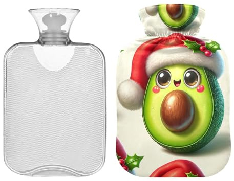 Wärmflasche mit Bezug, süße Avocado mit Weihnachtsmannmütze, 2 Liter Wärmbeutel zur Schmerzlinderung, Periodenwärmer für Krämpfe, Wärmetherapie