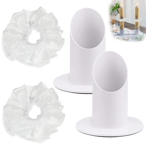 2 Stück Kerzenständer Kommunionkerze, Kerzenhalter Stabkerze Durchmesser 4cm mit 2 Kerzenrock, Taufkerzenständer Kerzenständer Kommunion, für Taufkerze Kommunionkerze Hochzeit Kerze (Weiß 2)