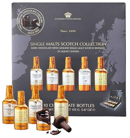 Liqueur Chocolates Gift Box for Mens Gift - Premium Dark Chocolate Single Malt Whisky Mini Chocolate Bottles Selection 155g with Topline Card for Mens Christmas Gifts, Stocking Fillers