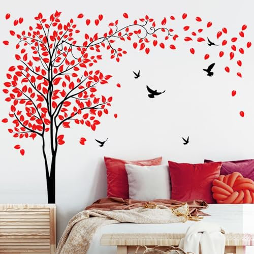 Decvictor Adesivi Murali Albero Rosso Fantasia Adesivi da Parete Uccelli Grande Albero Adesivo Muro Decorativo per Soggiorno Camera Letto Corridoio Divano TV Sfondo Muro (W205 * H153 cm)