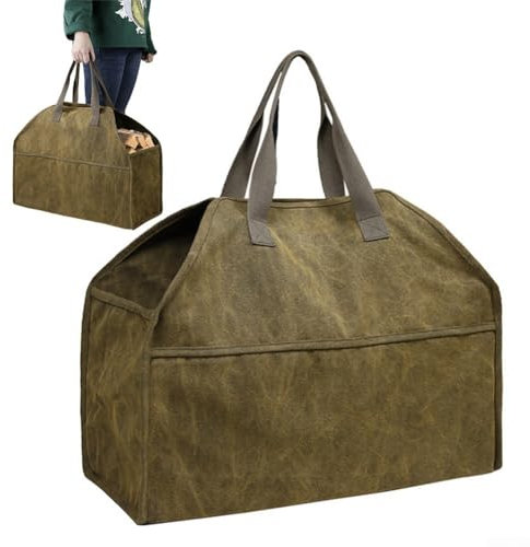 Besttoolifes Große Kaminholz-Tragetasche, gewachste Leinwand mit Griffen, Holztragetasche für Kamin und Holzofen