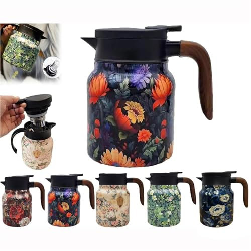 Tea Thermos Flask with Vintage Floral Pattern, 1 L Stainless Steel Thermos Flask with Lid for Hot Drinks, Thermal Coffee Pot for the Kitchen (Orange)