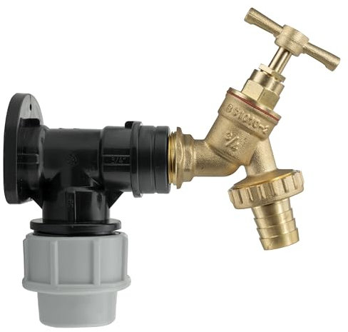25mm MDPE Wall Flange Kit - Wall Plate Elbow with 3/4 Brass Garden Tap & Barb Hose Fitting - Easy to Install Water Hose Connector for Garden, Backyard, Farmhouse, Irrigation, Water Supply Systems​