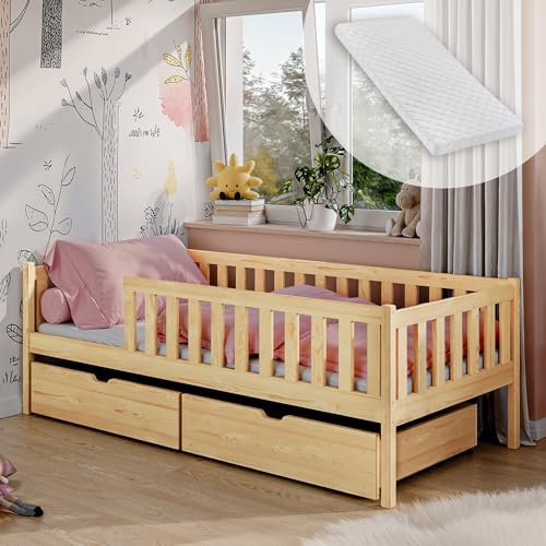 Kids Collective Kinderbett mit zwei Schubladen Rausfallschutz Lattenrost und Matratze Kinder Bett | Sicher & stabil | weitere Größen 80x160 80x180 90x200 cm | 90x190 cm von 4. bis 13. Lebensjahr Natur