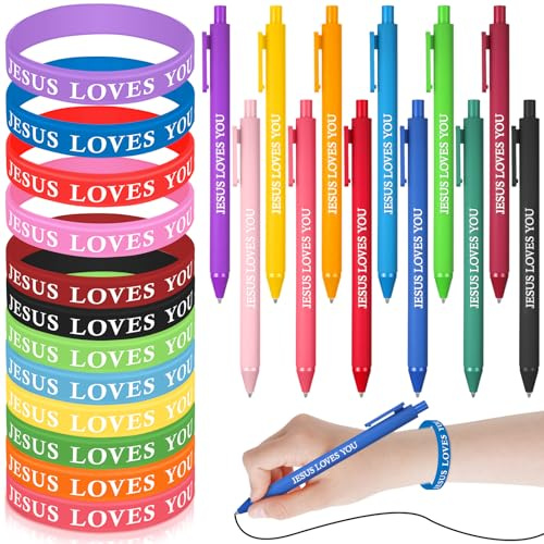 Glenmal 24-teiliges christliches Stifte-Armband-Set, christliche inspirierende Geschenke, schwarze Tinte, Kugelschreiber, farbige Gummi-Armbänder für Kinder, Krankenschwestern, Lehrer, Kirche