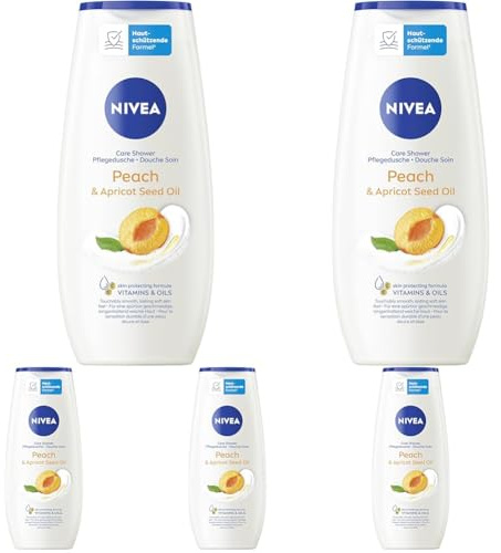 NIVEA Peach & Apricot Seed Oil Pflegedusche, sanftes Duschgel mit zartem Pfirsich-Duft, reichhaltige Cremedusche mit Vitamin C & E für ein weiches Hautgefühl (250 ml) (Packung mit 5)