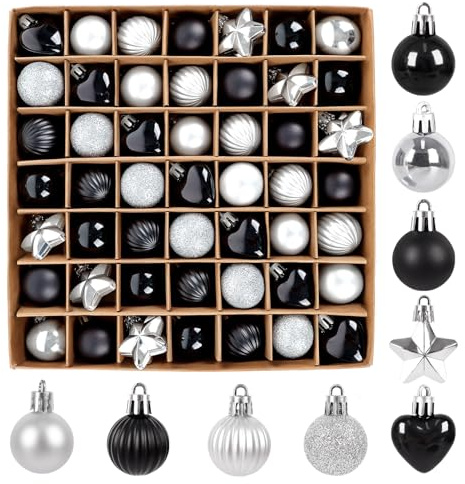 62 STK Weihnachtskugeln Klein & Sterne & Herz Set - 3cm Kunststoff Christbaumkugeln Schwarz Silber Mini Weihnachtsbaumkugeln Bruchsicher mit Geschenkpaket,Christbaumschmuck Deko Weihnachten