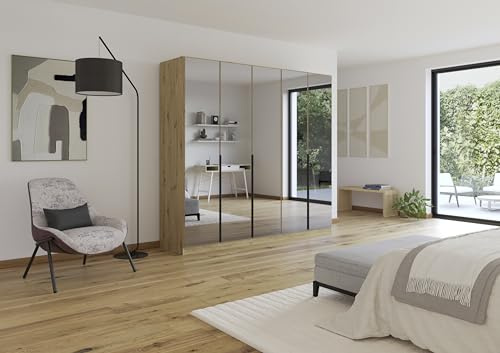 Rauch Möbel Skyla, Kleiderschrank, Farbe Eiche Artisan, Breite 226 cm | Schrank, 5-türig, mit Grauspiegel, für Schlafzimmer, Kinderzimmer, Jugendzimmer, Wohnzimmer, Garderobe, Flur