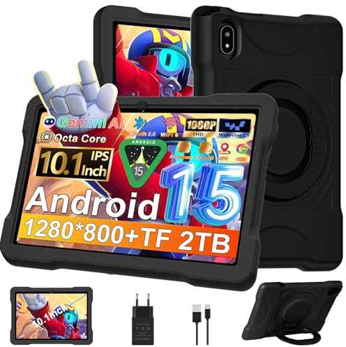Android 15 Tablette 10 Pouces avec 30Go RAM+TF 2To,Octa-Core/GMS,Gemini AI/Widevine L1,WiFi 6/Bluetooth 5.0,5MP+8MP/FHD IPS,Contrôle Parental Tablette Éducative avec EVA Cas+360° Rotatif Support-Noir