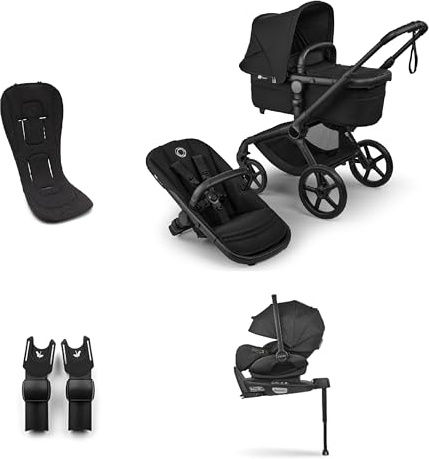 Bugaboo Fox 5 Renew 3-in-1 Kinderwagen Sommer Bundle, ab Geburt, inklusive Autokindersitz und 360 Grad Basis sowie atmungsaktiver Sitzauflage, All-Terrain Räder, einhändig faltbar, Heritage Black