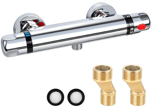 Wall Mounted Thermostatic Shower Mixer Bar G1/2 150mm with 38°C Safety Lock | Shower Mixer Tap Kit Single Outlet, Hot Cold Water Mixer Constant Temp Control Anti Scald for Steady Warm Water for Bathroom