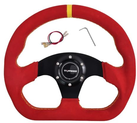 TIYPEOR Volante da corsa a forma di D per go-kart, 320 mm (12,6), in pelle scamosciata nera con cuciture blu, per auto sportive, drifting e simulatori di guida.