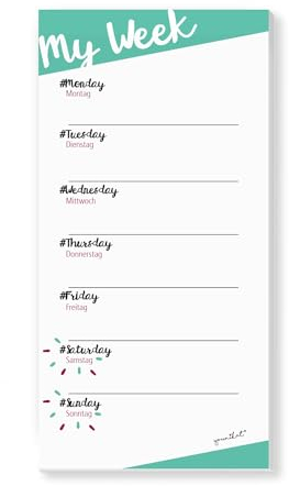 1 Notizblock Mein Wochenplaner mit magnetischer Rückseite I 10 x 20 cm I 50 Blatt I Weiß Grün I Notizzettel aus Papier zum Abreißen Beschreiben I dv170