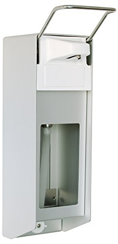 SANISMART | Desinfektionsmittelspender Aluminium | 1000 ml | Mit kurzem Armhebel | Edelstahlpumpe & Auslaufrohr | Wandspender für Desinfektionsmittel