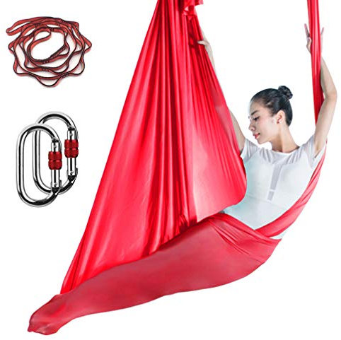 KIKIGOAL Aerial Yoga Hängematte Premium Aerial Silk Yoga Swing Antigravity Yoga Inversionsübungen, verbesserte Flexibilität & Rumpfstärke – Verlängerungsgurte, Karabiner Pose Guide enthalten (rot)