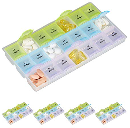 5 x 7 Tage Tablettenbox im Set, 3 Fächer, morgens, mittags, abends, Wochen Medikamentendosierer mit Deckel, transparent