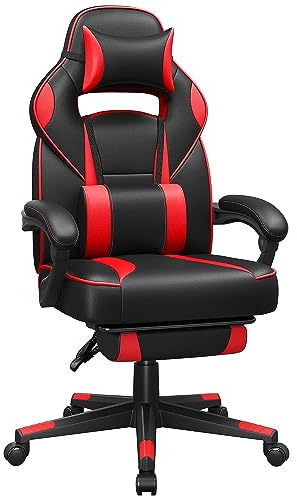 SONGMICS Bürostuhl, Schreibtischstuhl, ausziehbare Fußstütze, Kopfkissen, Lendenkissen, höhenverstellbar, ergonomisch, neigbare Rückenlehne, bis 150 kg belastbar, tintenschwarz-erdbeerrot OBG73BRV1