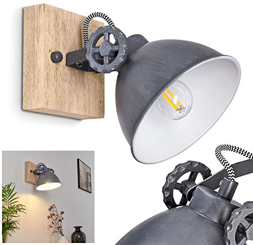 Wandleuchte Svanfolk, Wandlampe aus Metall und Holz in Blau-Grau/Natur, 1-flammig, mit verstellbarem Strahler, 1 x E14-Fassung, Retro/Vintage Design, ohne Leuchtmittel