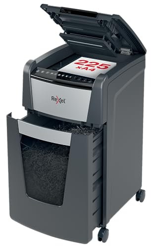 Rexel Optimum Auto Feed+ 225 Sheet Automatic Micro Cut Paper Shredder, P-5 Security, Small Office Use, 60 Litre Removable Bin, Castor Wheels, 2020225M, Black
