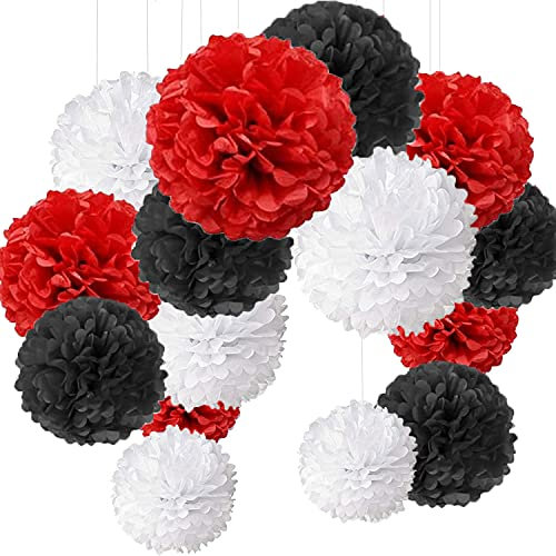 15 Stück Pompons, Seidenpapier, Blume, Bommel, zum Aufhängen, 15 Stück, Dekoration für Hochzeit, Party (Schwarz Rot Weiß)