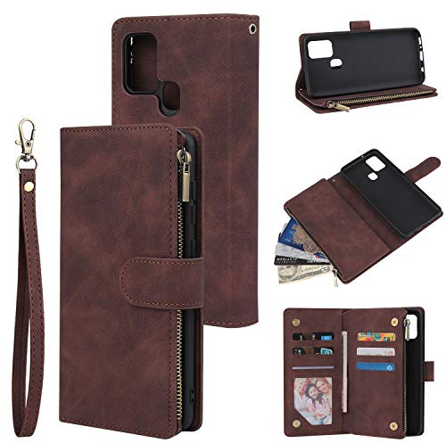 QLTYPRI Hülle für Samsung Galaxy A21S, Premium Leder Handyhülle mit Große Kapazität 6 Kartenfach & 1 Reißverschluss Tasche Ständer Schutzhülle für Samsung Galaxy A21S - Kaffee Braun