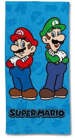 SUPER Mario - Serviette de Plage Mario & Luigi 75x150 cm - 300 GSM - 100% Coton - Bleu