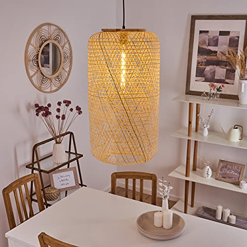 Suspension Batumi, lampe en métal noir avec un abat jour en bambou naturel créant un jeu de lumière sur le mur, 1xE27, ampoule(s) non incluse(s)