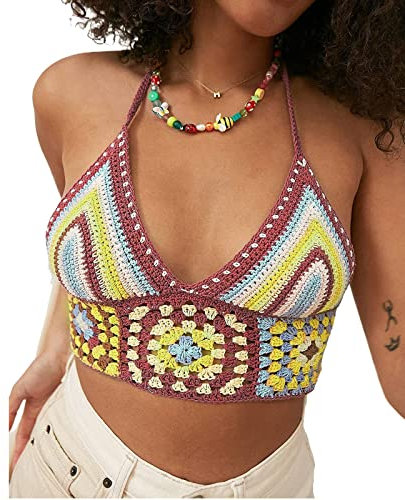 Mayber Damen Sexy gestrickt Crochet Crop Top V Hals Spaghetti Straps Camisole Tank Top Y2k ärmellose Strickweste Sommer Streetwear (Braun, S)