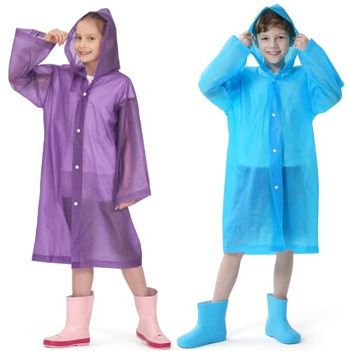 Opret 2 Pack Raincoats for Kids, Reusable Rain Ponchos with Hood and Sleeves Children Waterproof Rain Coats for Boys and Girls, Purple and Blue