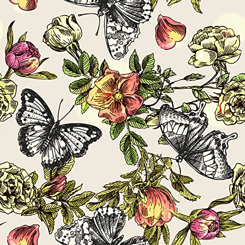 VEELIKE Papier Peint Fleur Papillon Vintage Papier Peint Adhesif Fleuri Beige Papier Adhésif pour Meuble Papier Autocollant Decoratif Rouleau Vinyl Adhesif Chambre Armoire Salle de Bain 44.5cm×300cm