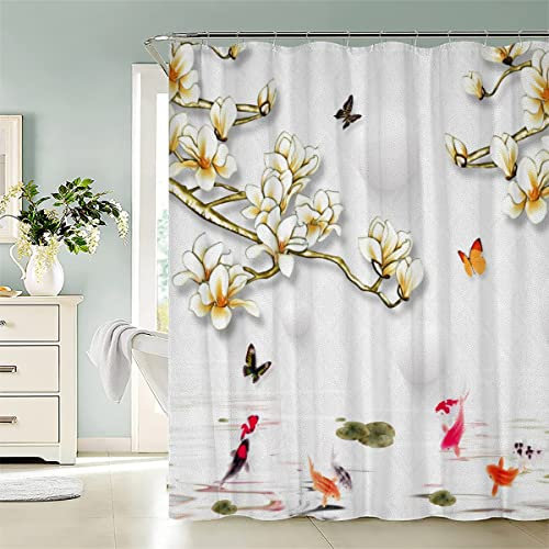 Aolity Rideau de Douche 120 x 200 cm Anti-moisissure Lavables Rideau de Douche Fleurs Jaunes Rideau Baignoire 100% Polyester Rideau de Douche avec 12 Crochets Rideaux de Douche Poisson Rouge