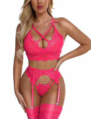 EVELIFE Damen Sexy Dessous Set mit Strumpfgürtel Spitze BH und Höschen Set Hohe Taille Strapsen Dessous Ohne Strümpfe (Rosa,S)