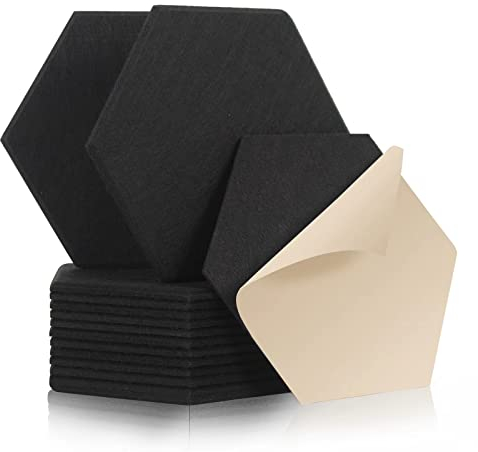 Rdutuok 12 Stück Selbstklebend Akustik Panel,30x26x1cm Hexagon Akustik Absorber Schallschutzplatten Akustikpaneele Wand für Tonstudio, Büro,Studio und Wanddekoration(Schwarz)