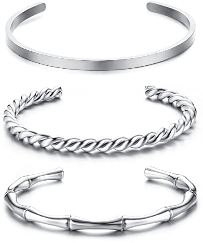JeweBella 3 Stück Armreif Damen Silber/Gold Edelstahl Einfaches Armband Offen Set Stapelbar Glatt Poliert Twist Maschette Armreif Armband Breite 4MM