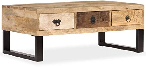 INLIFE Couchtisch mit 3 Schubladen Mangoholz Massiv 90 x 50 x 35 cm,Braun,21.48KG