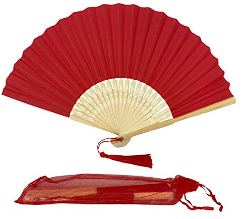 Paper Handheld Folding Fan with a Tassel and Grade A Bamboo Ribs for Women Girls Summer Party Favour Birthday Wedding Gift (Red)