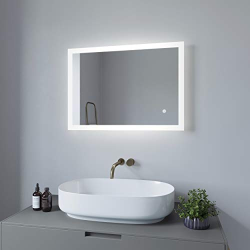AQUALAVOS Led Spiegel Bad Badspiegel Wandspiegel Badezimmerspiegel mit Beleuchtung 50x70cm Kaltweiß 6400K Touch Schalter Dimmbar Memory-Funktion Antifog Quer oder Hochkant Montage Möglich Slim-Design